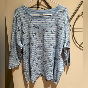 L.L. Bean Light Blue and White Striped Floral Long Sleeve Top 100% Pima Cotton